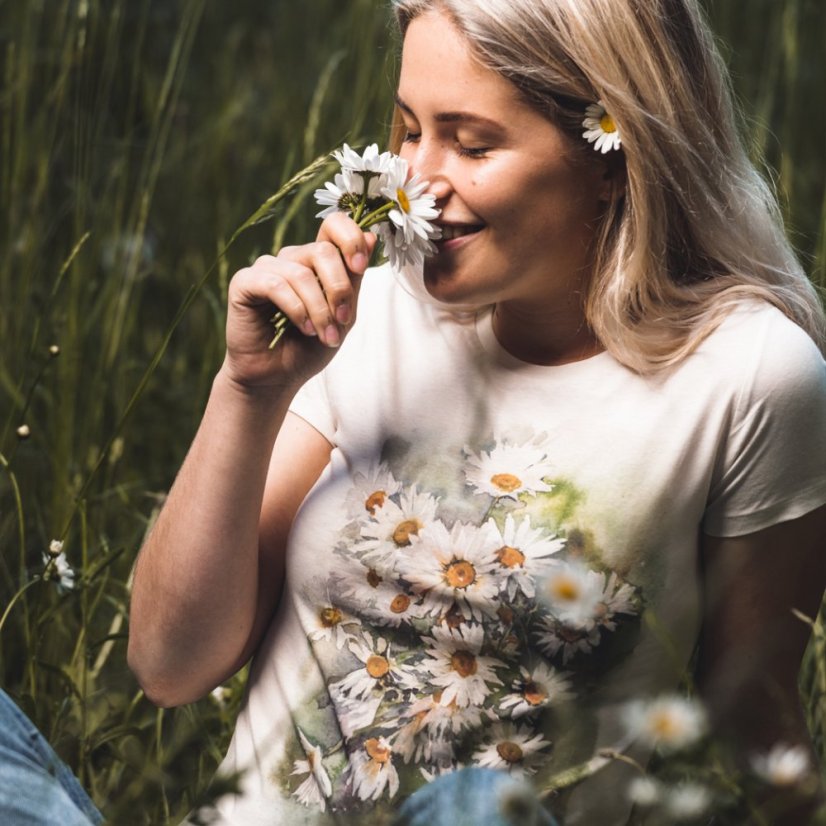 Dámske BIO tričko Margarétky - Veľkosť: XS, Farby: Natural