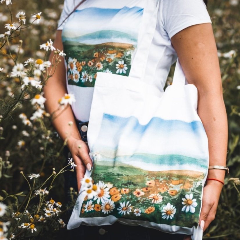 BIO bavlnená taška Pole margarétiek krajinomaľba