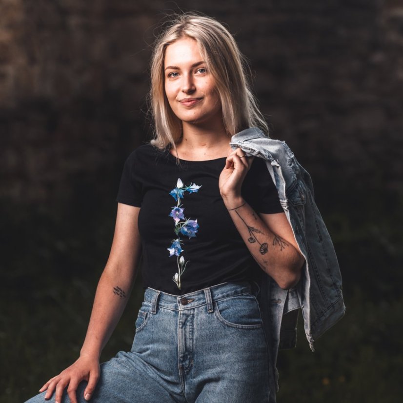 Dámske Bio tričko Fialové kvety - Veľkosť: XS, Farby: Čierna
