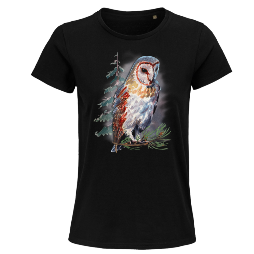 Dámske Bio tričko Pozorujúca sova čierne