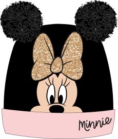 Minnie Mouse – Dievčenská zimná čiapka so zlatou mašľou a 2 brmbolcami (čierna) veľkosť 54