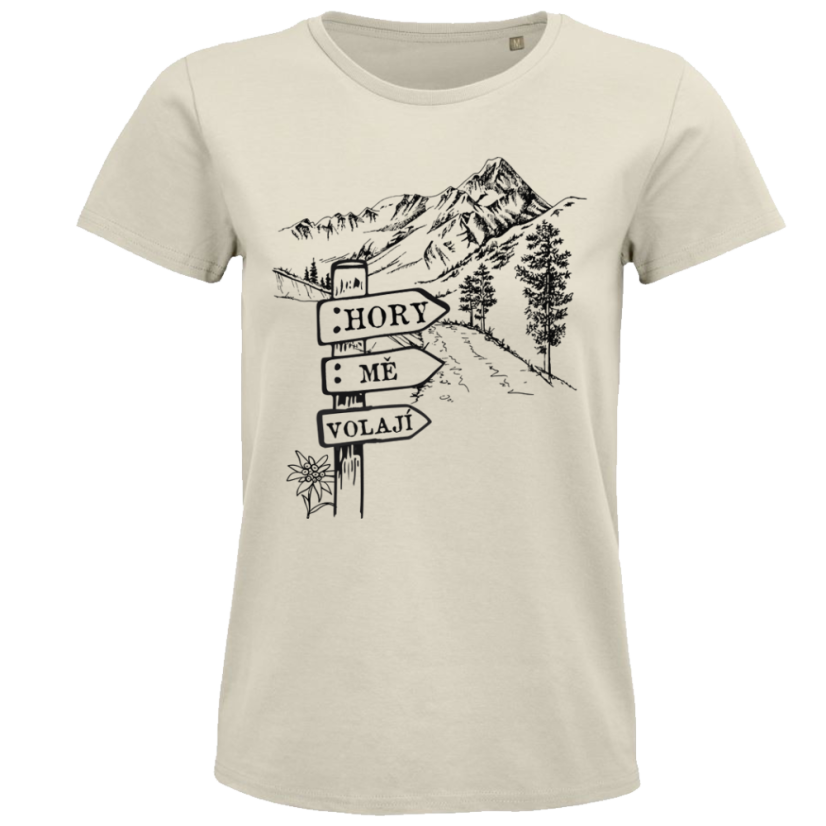 Dámské tričko Hory mě volají cedulka u cesty