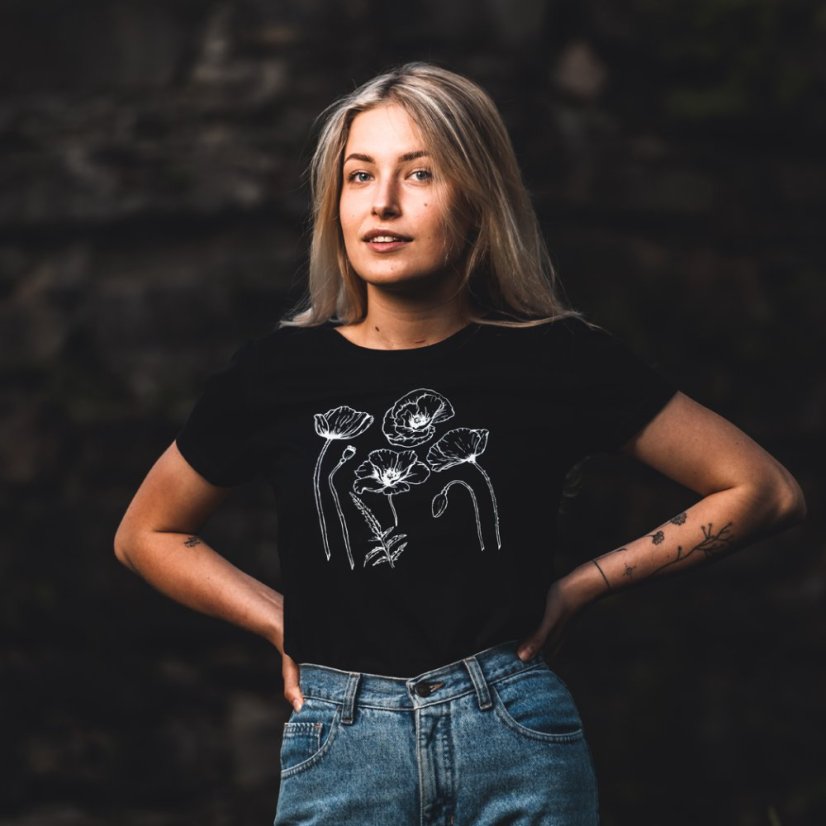 Dámske Bio tričko červený mak skica čierne