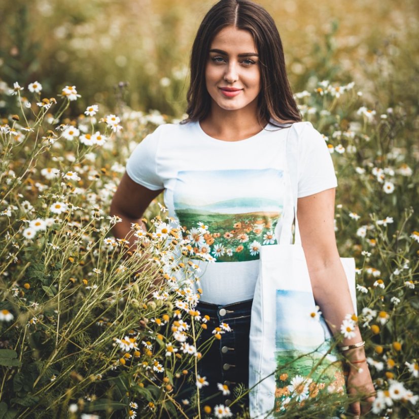 BIO bavlnená taška Pole margarétiek krajinomaľba