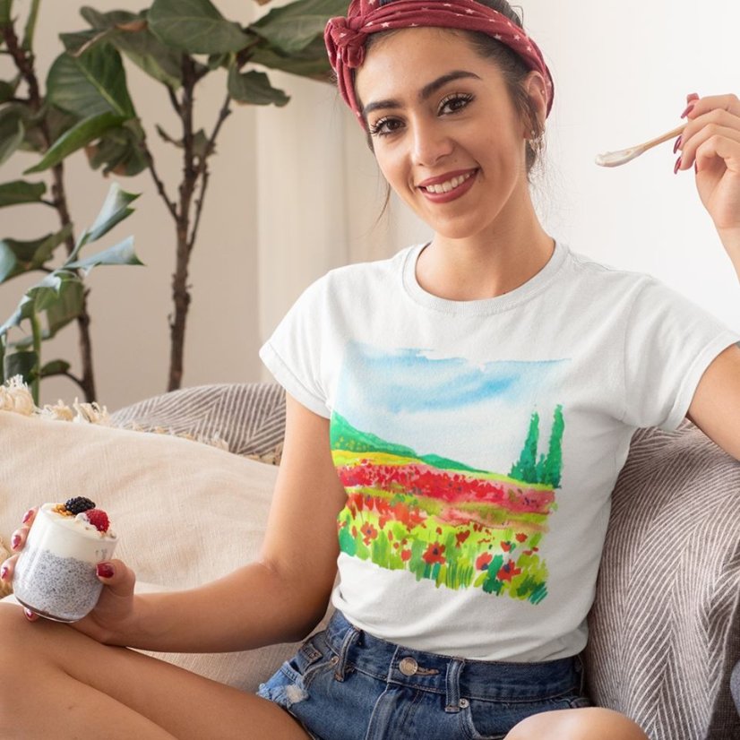 Dámske BIO tričko Krajinomaľba červený mak