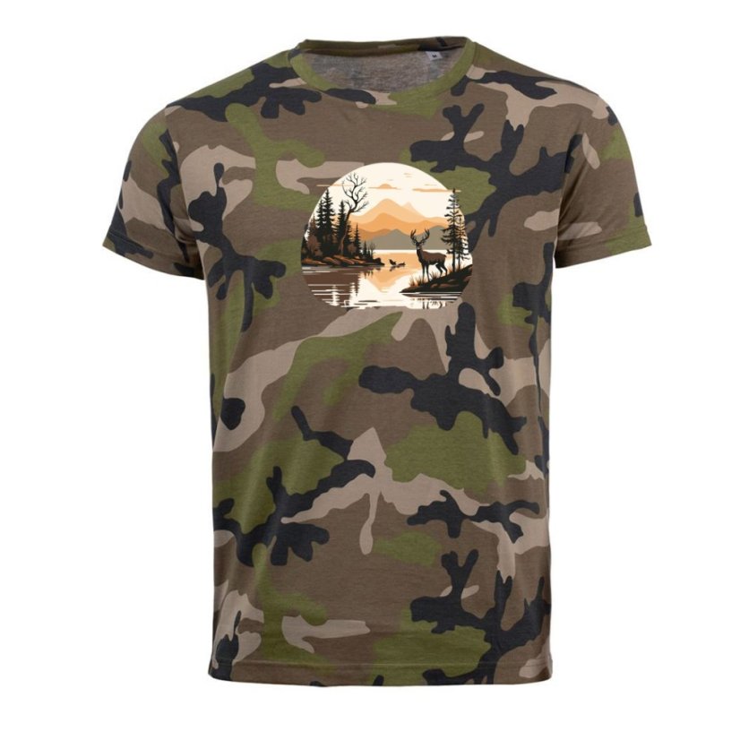 Pánske maskáčové tričko - Jeleň pri jazere, zelený maskáč