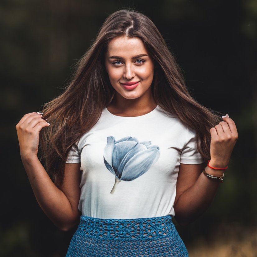 Dámske Bio tričko modrý kvietok - Veľkosť: XS, Farby: Natural