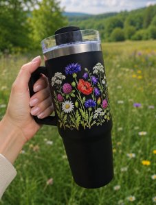 Termohrnek Květový ráj, 900 ml, černá