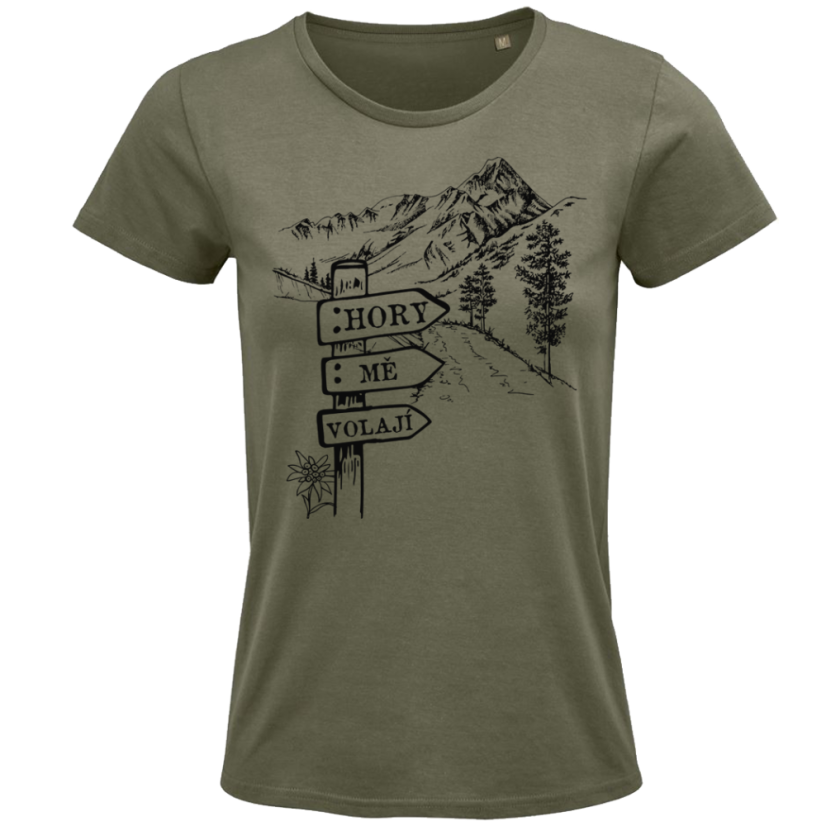 Dámské tričko Hory mě volají cedulka u cesty