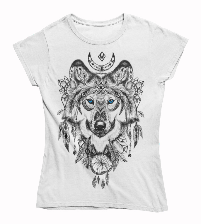 Dámske tričko Vlk aztécke vzory biele