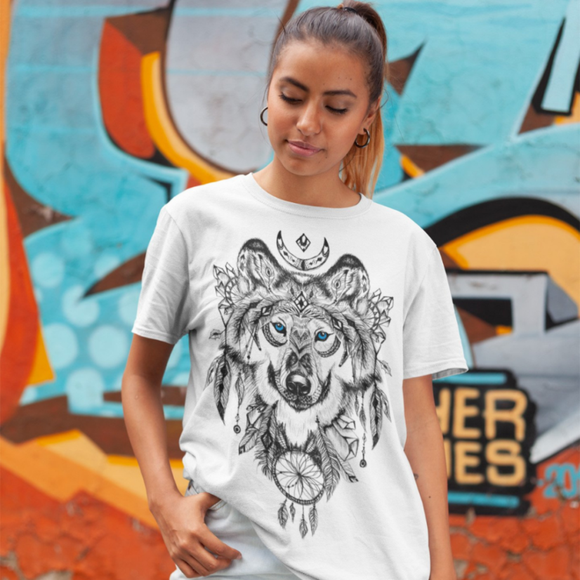 Dámske tričko Vlk aztécke vzory biele