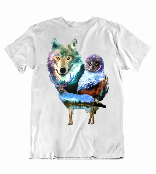 Pánske tričko maľovaný vlk jeleň sova