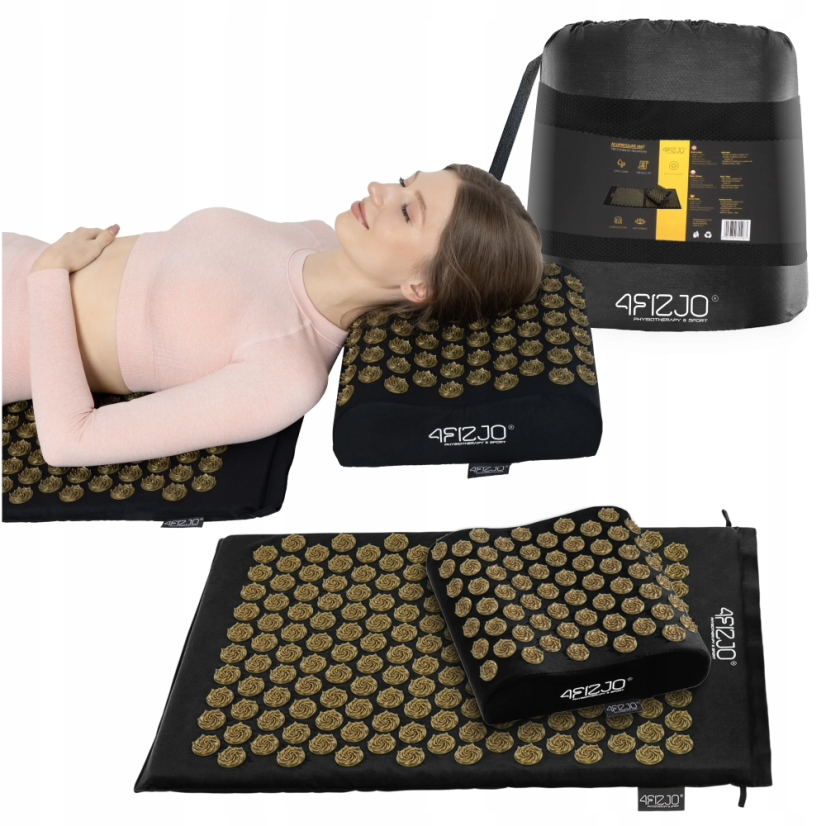 Akupresúrna podložka s vankúšom 68×42, čierno-zlatá