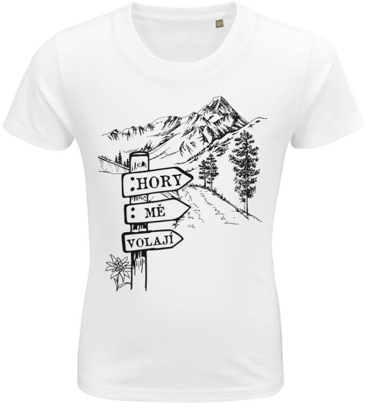 Dětské tričko hory mě volají cedulka při cestě