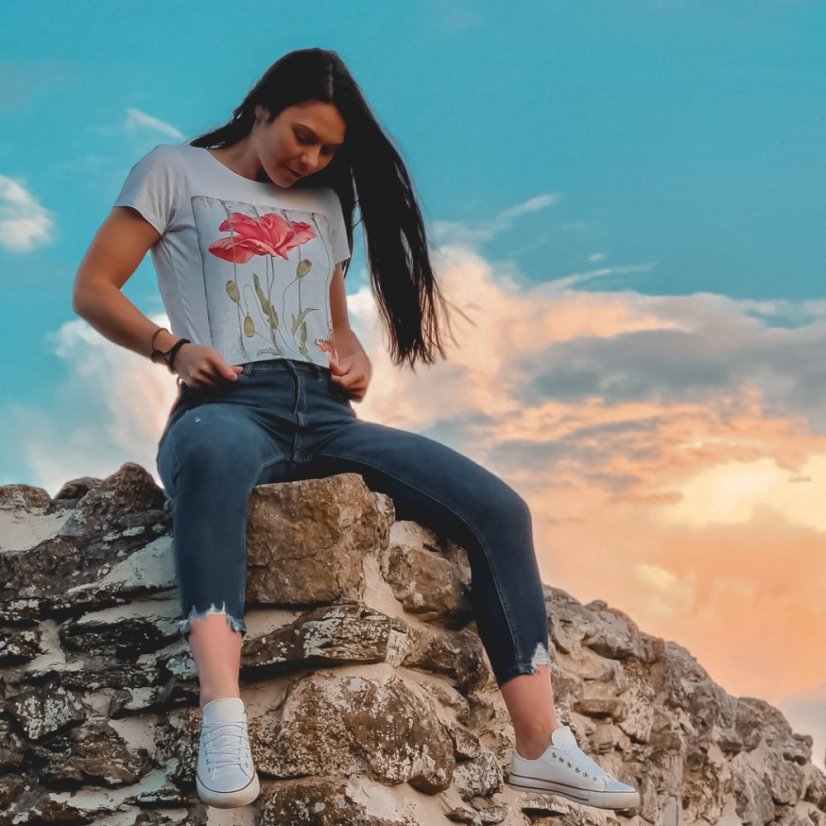 Dámske Bio tričko červený mak a motýľ