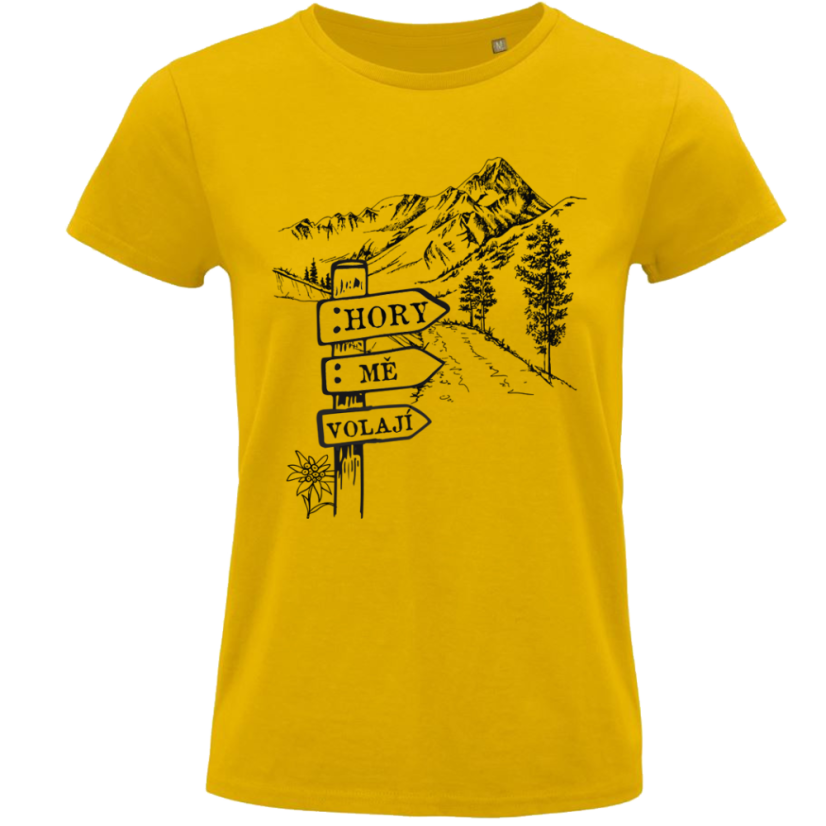 Dámské tričko Hory mě volají cedulka u cesty