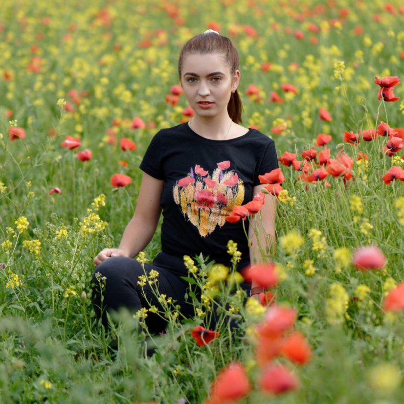 Dámske tričko mak a pšenica srdcové čierne