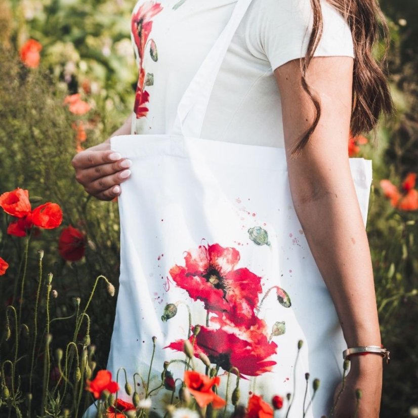 Bavlněná taška Červený mák květ bílá